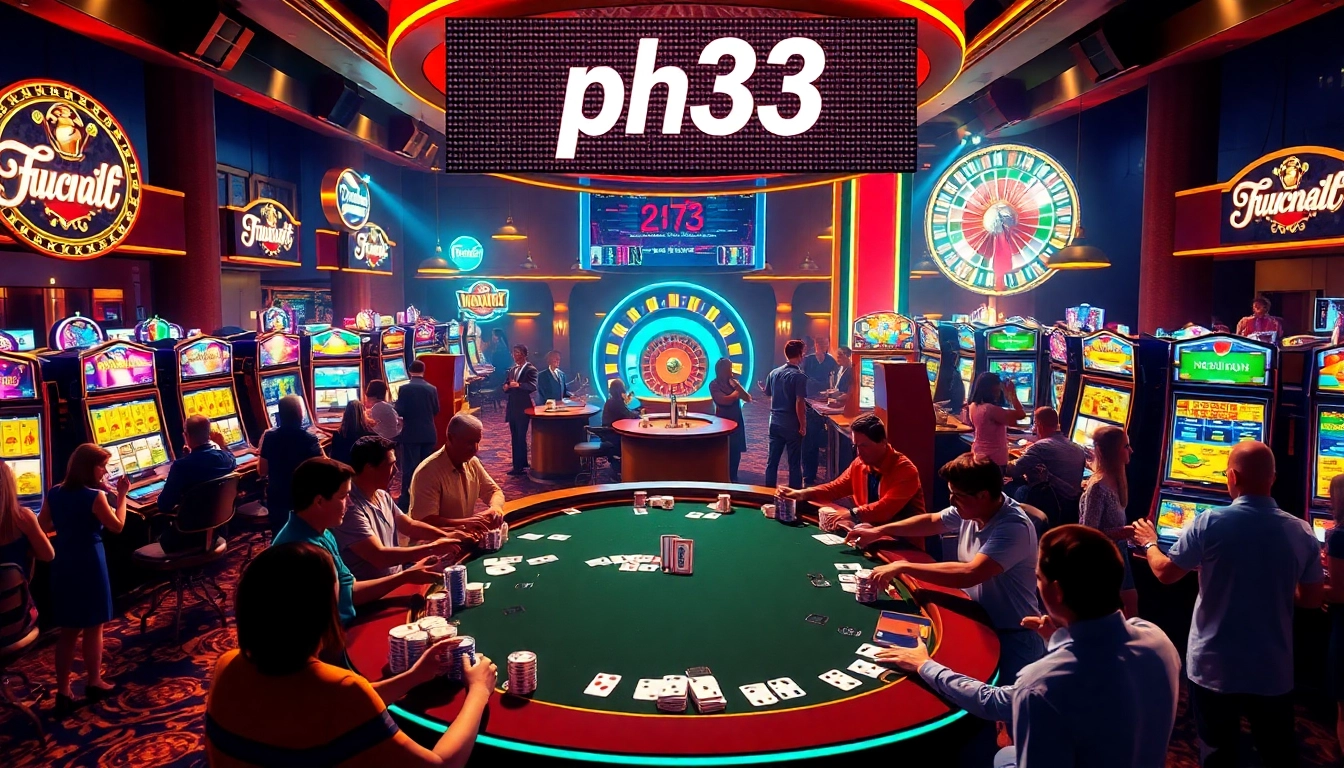 Gamblers enjoy an exciting game at the ph33 casino table, surrounded by vibrant slot machines and a lively atmosphere.