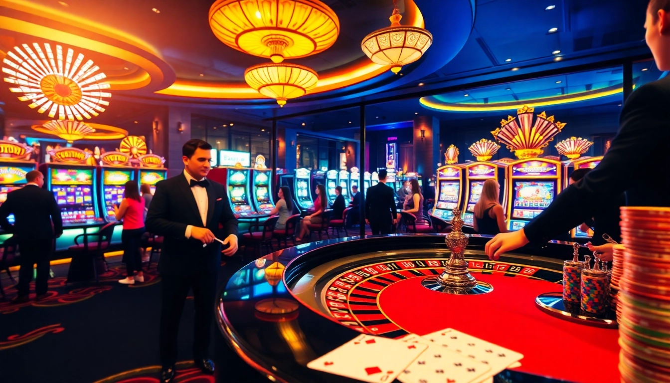 Thrilling scene capturing players enjoying high-stakes games at https://new88.cz/, featuring roulette and slot machines.