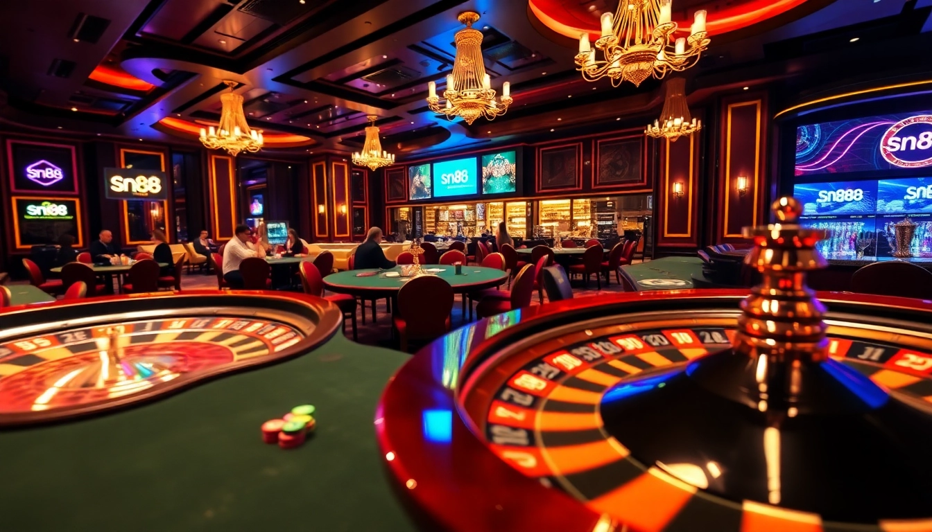 Engage in exciting poker rounds at sn88's luxurious casino tables, featuring colorful chips and a spinning roulette wheel.