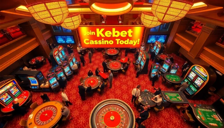 Experience the thrill at Kebet Cassino with lively casino games and vibrant slot machines under warm lights.