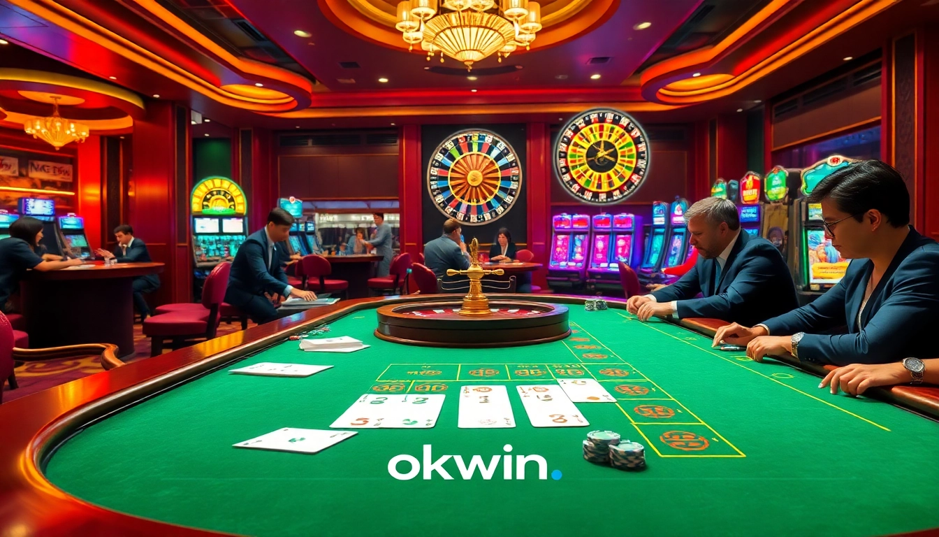 Experience the thrill of winning at okwin with a vibrant casino scene featuring poker games and roulette tables.