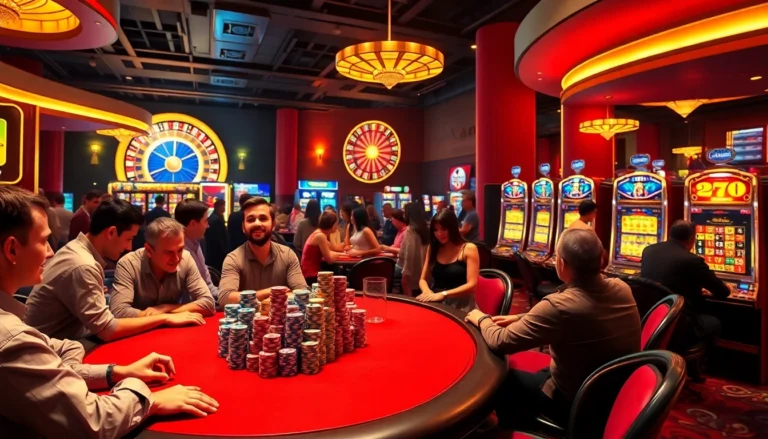 Exciting casino atmosphere featuring players at a poker table at https://new88bet.us/, with vibrant slot machines and roulette wheel.