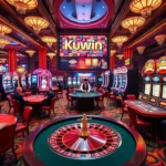 Kuwin's lively casino scene featuring intense poker gameplay, vibrant slot machines, and a spinning roulette wheel.