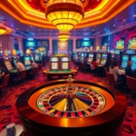 Experience the excitement of bgd33 as players engage at vibrant casino tables among slot machines and roulette wheels.
