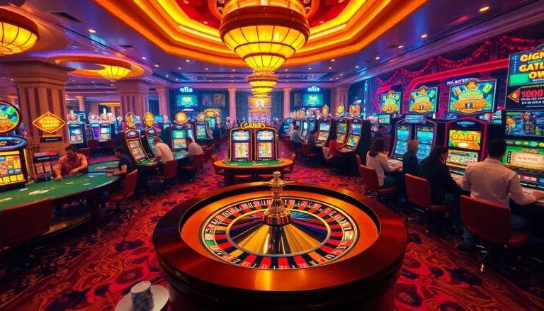 Experience the excitement of bgd33 as players engage at vibrant casino tables among slot machines and roulette wheels.