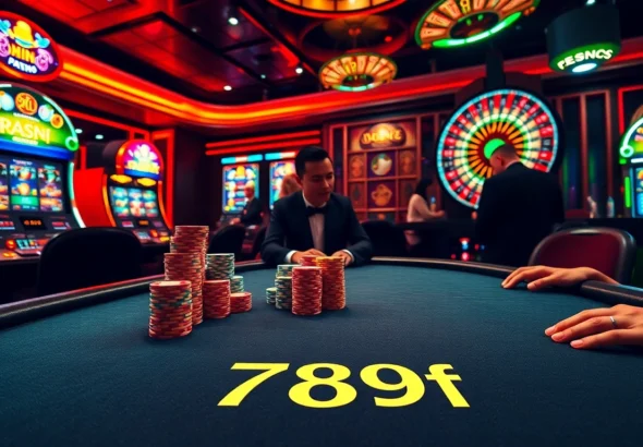 Experience the thrill of 789f in a vibrant casino setting with poker tables, slots, and roulette wheels.