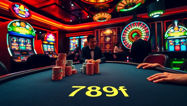 Experience the thrill of 789f in a vibrant casino setting with poker tables, slots, and roulette wheels.