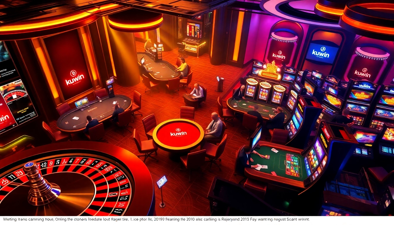 Kuwin’s vibrant online casino scene featuring roulette, poker, and slot machines in an exciting atmosphere.
