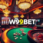 Experience thrilling games with W9BET at a lively casino featuring poker tables, roulette wheels, and slot machines.