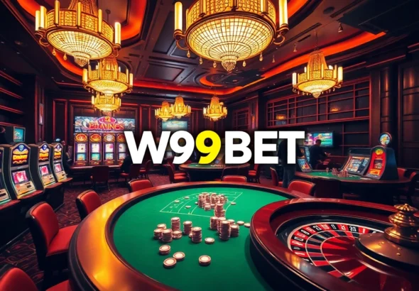 Experience thrilling games with W9BET at a lively casino featuring poker tables, roulette wheels, and slot machines.