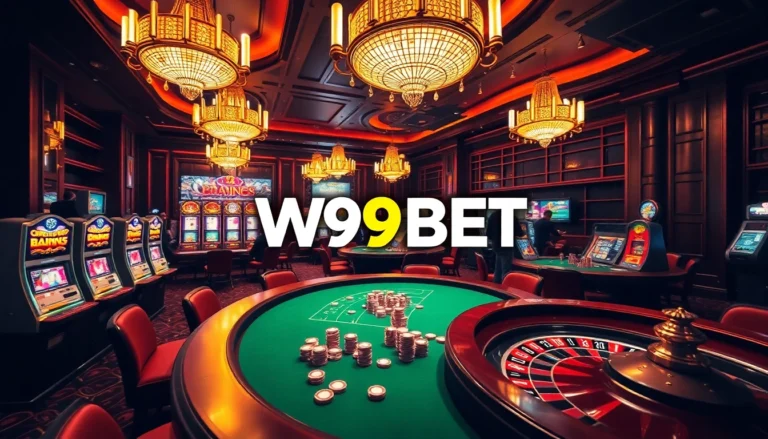 Experience thrilling games with W9BET at a lively casino featuring poker tables, roulette wheels, and slot machines.