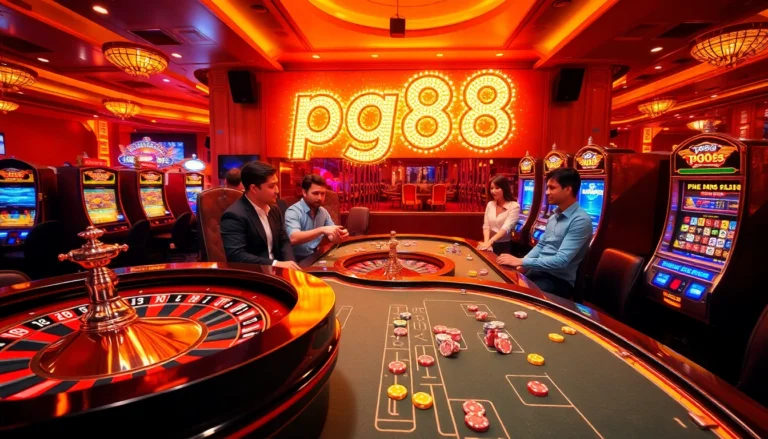 Experience the thrilling excitement of pg88 Casino with vibrant roulette wheels and poker tables.