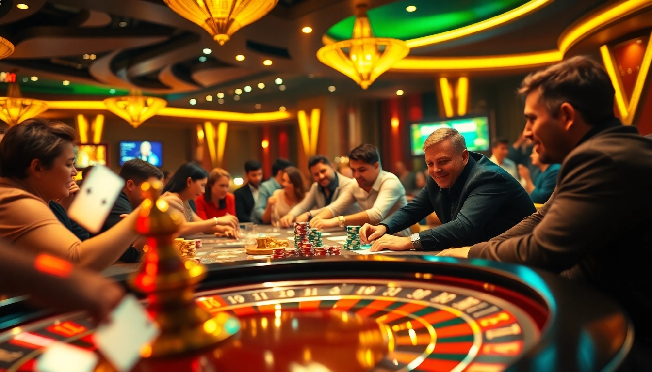 Players cheer "1gom!" during an intense poker game in a lively casino.