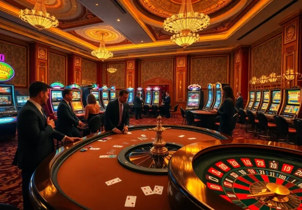 Players enjoying a vibrant casino experience at 789f, featuring blackjack tables, roulette wheels, and colorful slot machines.