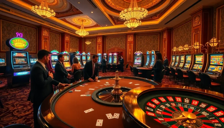Players enjoying a vibrant casino experience at 789f, featuring blackjack tables, roulette wheels, and colorful slot machines.