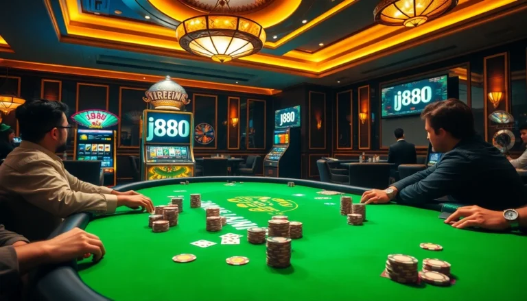 In a high-stakes casino, players at a poker table revel in a tense moment filled with j88-themed poker chips and cards highlighted under vibrant lights.
