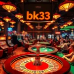 Experience the thrill of bk33 with vibrant casino games featuring poker tables, slot machines, and excited players.