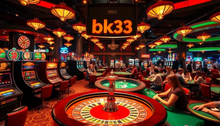 Experience the thrill of bk33 with vibrant casino games featuring poker tables, slot machines, and excited players.