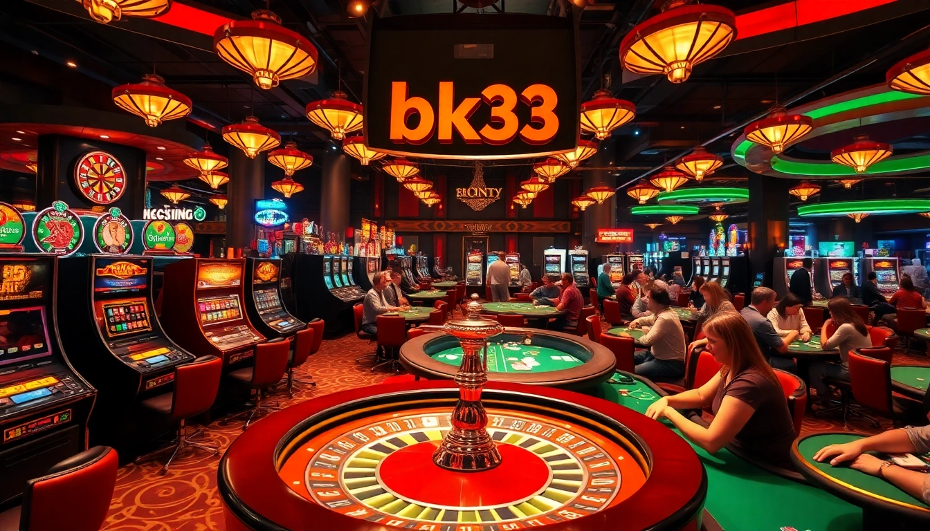 Experience the thrill of bk33 with vibrant casino games featuring poker tables, slot machines, and excited players.