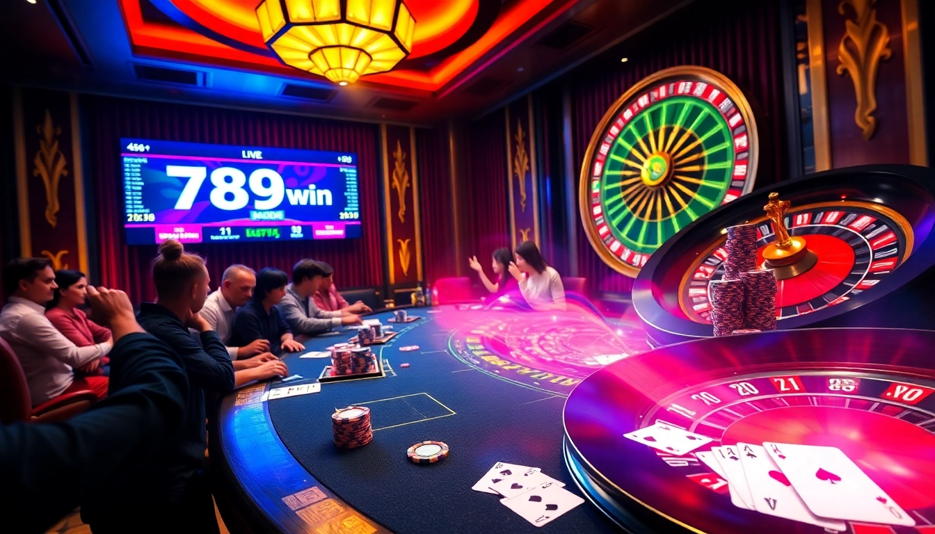 View lively casino action with 789win link đăng nhập, showcasing a thrilling poker table with players and vibrant chips.